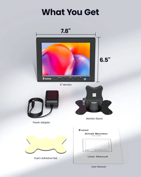 Included items with 8-Inch Security Camera Monitor With HDMI VGA BNC AV USB Inputs, stand, adapter, and manual displayed