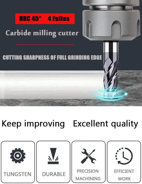 Three Eighth Inch Carbide Square End Mill With AlTiN Coating, 4 Flute, HRC 45 Hard Metal Cutter for Precision Milling Illustration