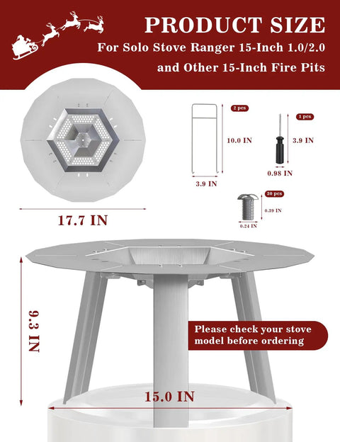 Beefy Heat Diffuser For 15 Inch Ranger Fire Pit And Portable Stove, 304 Stainless Steel With Detachable Legs product dimensions.