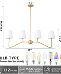 Diagram of a 39 Inch Four Light Gold Island Pendant With White Fabric Shade Modern Dining Room Chandelier For Kitchen Island Foyer And Living Room E12 Bulb Base Gold Finish showing dimensions and bulb types.