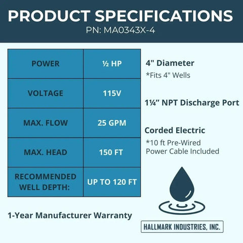 Deep Well Submersible Pump 1/2 HP 110V 60 Hz 25 GPM 150 ft Head Stainless Steel product specifications chart
