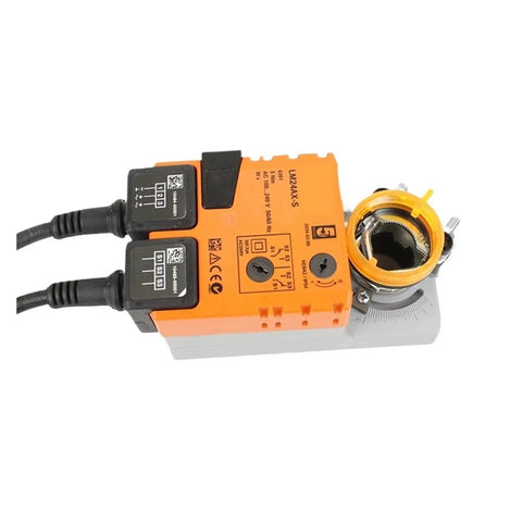 Robust Damper Actuator For Precise Airflow Control In Commercial Facilities With Dead Simple Install And Top Shelf Durability Built Tough For Intechanical Ventilation Upgrades Lm24Ax S in orange with wiring ports.