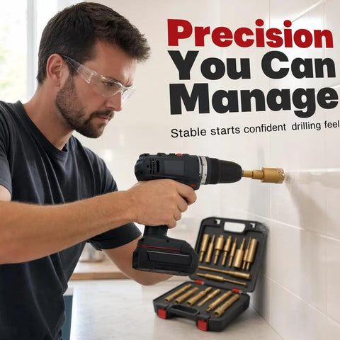 Solid 12 Pack Diamond Hole Saw Kit Brazed Bits For Cutting Ceramic Porcelain Tile Granite Marble Glass Dry Or Wet With No Slip Guide And Storage Bag 1/4 To 2 Inches Gold, man drilling tile