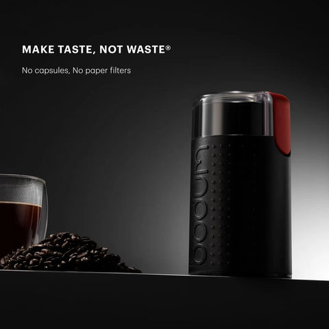 Electric Blade Coffee Grinder For Fresh Grounds In Minutes Fast And Quiet Easy To Clean Black Finish on counter next to beans