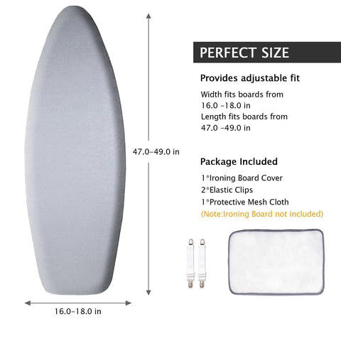 Diagram showing dimensions of Extra Wide Ironing Board Cover And Pad For 49 By 18 Inch Boards with included accessories.