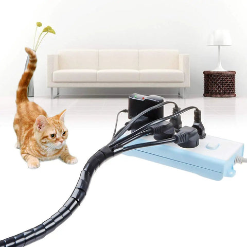 Room with cat and 50 Ft Spiral Cable Wrap For Quarter Inch Wires Black Durable Cable Sleeve around cords