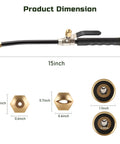 Go-To Two Pack High Pressure Hose Nozzle Set with Jet and Fan Spray Tips, product dimensions showing 15-inch length and brass details