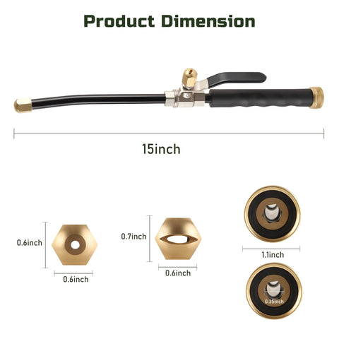 Go-To Two Pack High Pressure Hose Nozzle Set with Jet and Fan Spray Tips, product dimensions showing 15-inch length and brass details