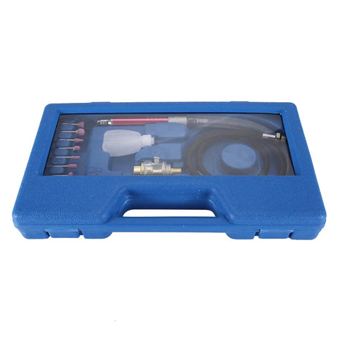 Built Like A Tank Pneumatic Die Grinder With 58000RPM High Speed Air Angle Motor accessory kit in blue carrying case.