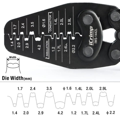 Close-up of Open Barrel Terminal Crimp Tool for AWG 30-14 Contacts, die widths shown, works with JST Molex TE HRS Connectors