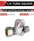 10 Pack Straight Stop Valves One Half Inch Nominal Compression From Five Eighths Inch OD To Three Eighths Inch OD One Quarter Turn Chrome Plated Lead Free Brass For Residential And Commercial Bathroom Kitchen Shower Applications No Nonsense showing 1/4 turn mechanism with instructions.