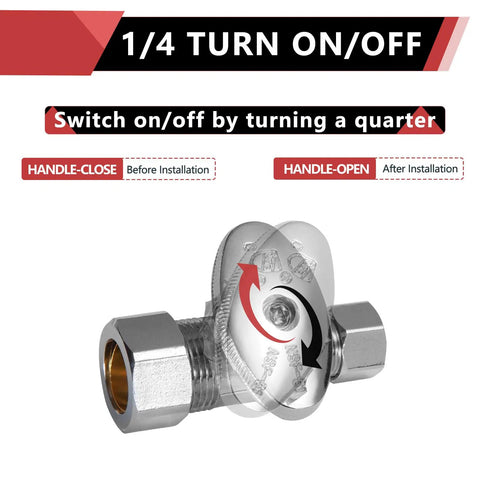 10 Pack Straight Stop Valves One Half Inch Nominal Compression From Five Eighths Inch OD To Three Eighths Inch OD One Quarter Turn Chrome Plated Lead Free Brass For Residential And Commercial Bathroom Kitchen Shower Applications No Nonsense showing 1/4 turn mechanism with instructions.