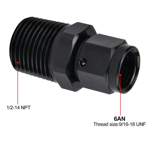 6AN Female To One Quarter Inch NPT Male Swivel Fitting Aluminum Black Anodized Two Pack For High Pressure Lines 1500 PSI Capacity Lightweight 6061 T6 Automotive Hydraulic Fuel Adapters, 1/2-14 NPT and 6AN