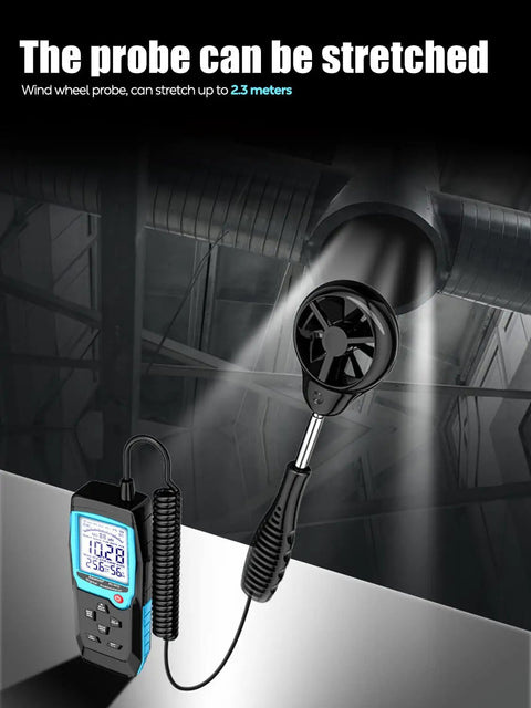 Handheld Wind Speed Meter With Sensor For Wind Velocity In Meters Per Second, Kilometers Per Hour, Miles Per Hour, Knots And Feet Per Minute, Also Tracks CFM Air Flow, Wind Temp And Humidity, Big Backlit Display For Outdoor Work And HVAC DIY with stretchable probe in industrial setting.