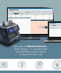 Mixed Bill Value Counter For Cash Handling No Fuss Bank Grade Denomination Counter Machine With 5 Point Counterfeit Detector next to monitor and laptop showing software interface.