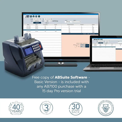 Mixed Bill Value Counter For Cash Handling No Fuss Bank Grade Denomination Counter Machine With 5 Point Counterfeit Detector next to monitor and laptop showing software interface.