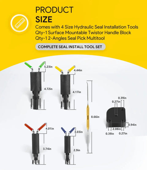 Six Pack Hydraulic Seal Installation Tools Set With Four Size U Cup Seal Installers And Upgraded Twistor Handle dimensions