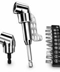 105 Degree Right Angle Drill Attachment Set With Long And Short Reach Adapters For Tight Spaces And Hard To Reach Corners Magnetic One Quarter Inch Hex Bit Holder And Ten Screwdriver Bits