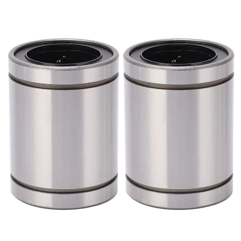 Two silver metal cylindrical linear ball bearings, front view.