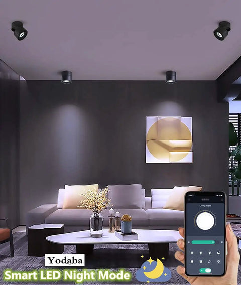 Living room with three Dimmable LED Ceiling Spotlights With 360 Degree Swivel And Surface Mount, 10W COB Downlight, black finish