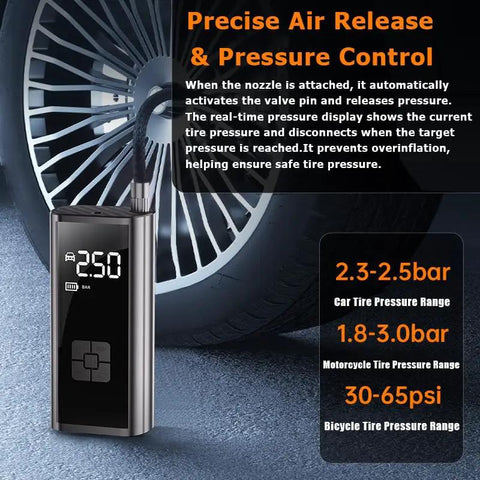 Heavy Duty Portable Tire Inflator And Digital Air Compressor With 150 Psi Gauge LED work light, showing pressure control on tire.