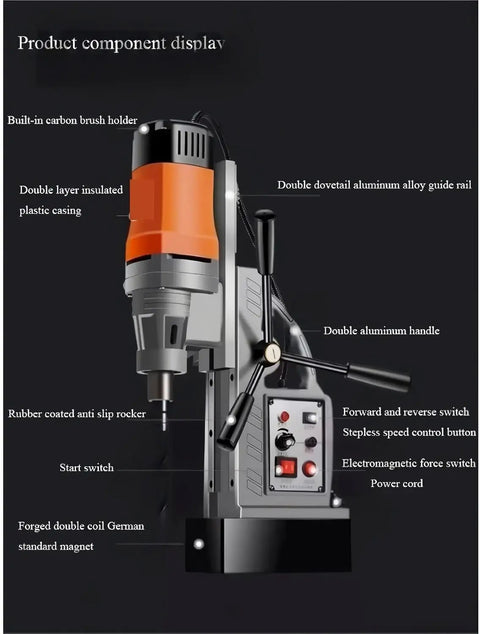 Heavy Duty Magnetic Drill Press For Pro Metalworking And Construction-Industrial Grade Electric Tapping Rig with control panel and components.