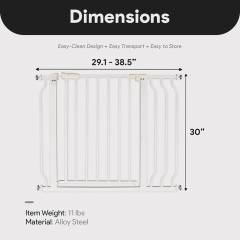 Easy Walk-Through Baby Safety Gate With Auto Close And Hold Open, All Steel Construction Stands 30 Inches Tall, Dimensions 29.1-38.5 Inches, White