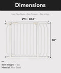 Easy Walk Through Safety Gate For Doorways And Stairs With Auto Close And Hold Open Features 36 Inch Tall Fits 29.1 To 38.5 Inch Openings Graphite Finish No Fuss Quick Pressure Mounted Setup That Protects Walls, showing dimensions and alloy steel material.