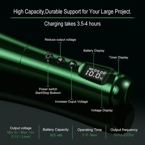 Close-up of controls and display on Wireless Permanent Makeup Tattoo Pen Kit With Two Rechargeable Batteries, Emerald