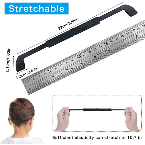 Kids Silicone Glasses Straps 3 Pack Non Slip Elastic Eyewear Straps shown with sizing ruler and child wearing the strap