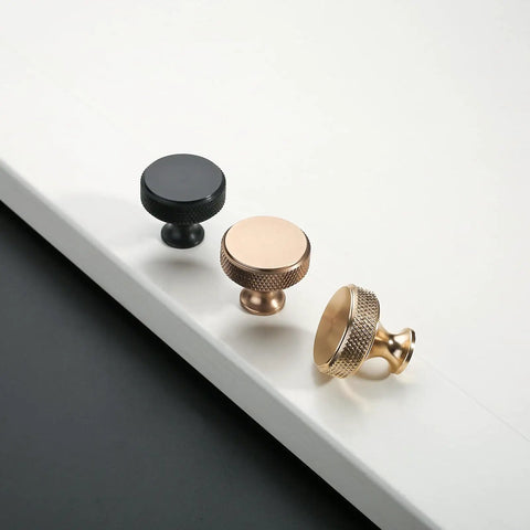 Rock Solid Matte Black Knurled Cabinet Knobs And Round Drawer Pulls For Kitchen Cabinetry Slick Aluminum Zinc Alloy Furniture Handles With Zero Fuss Install Mounting Screws 10 Pack, showcasing black and gold knobs.