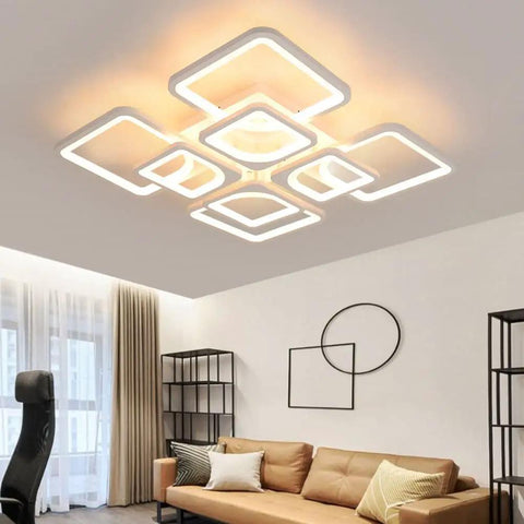 Modern LED Flush Mount Ceiling Light With Remote Control 8 Head Square Fixture in white acrylic and metal in living room