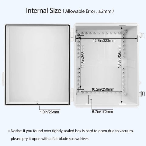 Open IP67 Waterproof Electrical Junction Box With Hinged Cover And Stainless Steel Latch, showing internal dimensions.