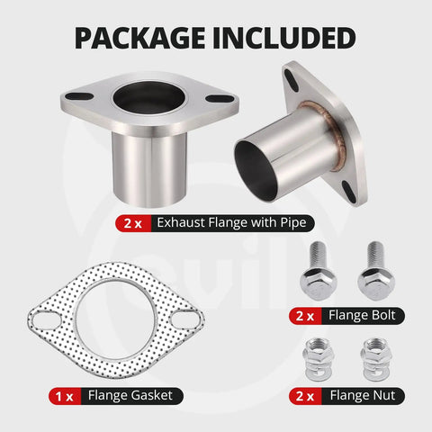 Beefy 2 Bolt Exhaust Flange Repair Kit With Solid 304 Stainless Steel Pipe And Gasket Set includes flanges, gasket, bolts, nuts.