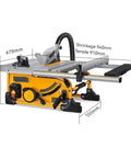 Shop Ready 8 Inch Sliding Table Saw With Badass 1500W Motor For Smooth As Butter Woodworking Cuts Plus 80 Tooth Dust Free Circular Blade And Rock Solid Desktop Setup, angle view with dimensions shown.