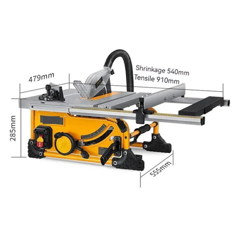 Heavy Duty 8 Inch Sliding Table Saw With 80 Tooth Blade And 1500 Watt Motor shown from the side with dimensions noted.