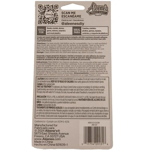 Back view of Aleene's Premium Quality packaging with QR code, contact info, and usage instructions in English and Spanish.