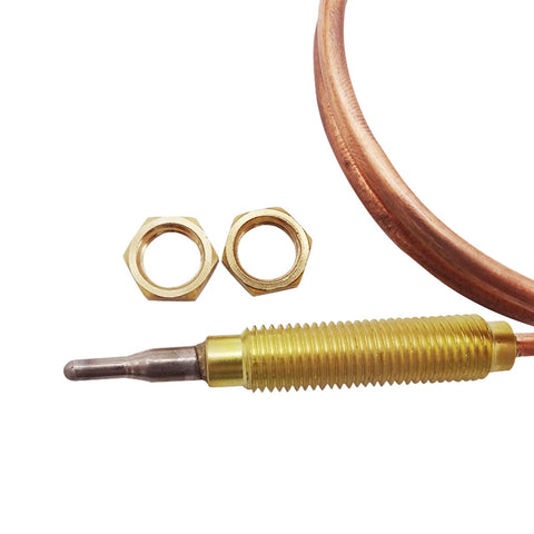 Brass gas thermocouple sensor with M8x1 thread, two hex nuts, and copper tubing (close-up view).