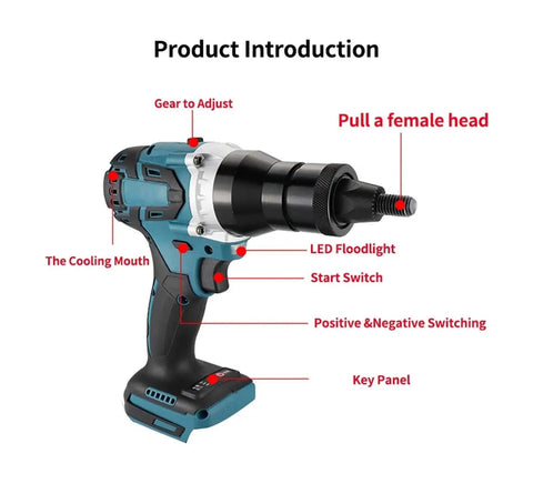 Brushless Electric Rivet Gun Kit With Rechargeable Battery, Automatic Riveting Tool, labeled diagram showing features.