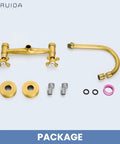 Wall Mount Kitchen Faucet With Sprayer, 360 Degree Swivel Spout, Double Cross Handles, 8 Inch Center, Antique Brass package