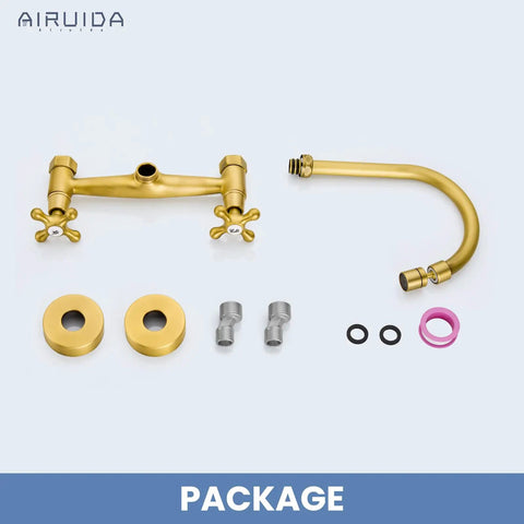Wall Mount Kitchen Faucet With Sprayer, 360 Degree Swivel Spout, Double Cross Handles, 8 Inch Center, Antique Brass package