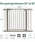 29-40 Inch Metal Baby Gate With Grey Wood Pattern and accessories; pressure mounted for stairs and doorways installation