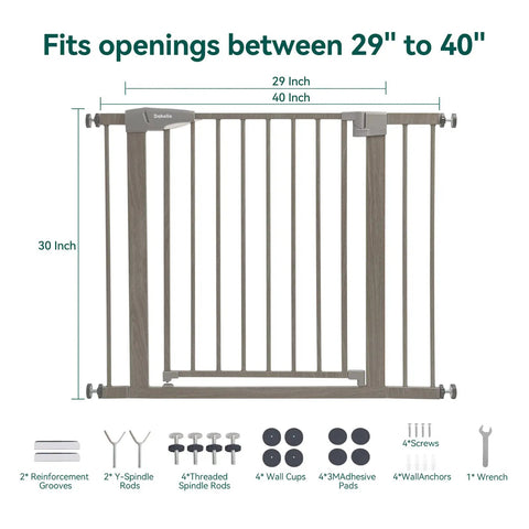 29-40 Inch Metal Baby Gate With Grey Wood Pattern and accessories; pressure mounted for stairs and doorways installation