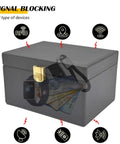 Faraday Box Key Fob Protector For Car Keys, RFID Signal Blocking Shield, holds 5 to 8 keys, with watch and cards illustration