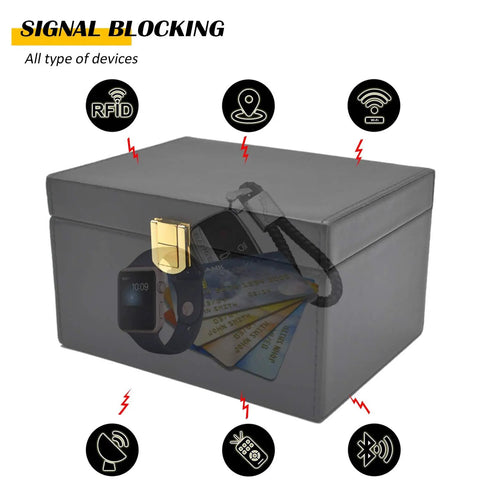 Faraday Box Key Fob Protector For Car Keys, RFID Signal Blocking Shield, holds 5 to 8 keys, with watch and cards illustration