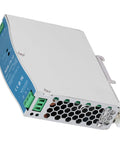 Rock Solid Rail Power Supply With Copper Transformer And Stable Voltage Adjustment For Efficient Reliable Use From AC 100 To 240V In Industrial Settings Such As Control Panels Automation And Test Benches. rail power supply module with metal casing and green terminal blocks