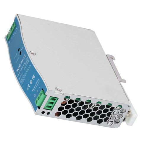 Rock Solid Rail Power Supply With Copper Transformer And Stable Voltage Adjustment For Efficient Reliable Use From AC 100 To 240V In Industrial Settings Such As Control Panels Automation And Test Benches. rail power supply module with metal casing and green terminal blocks