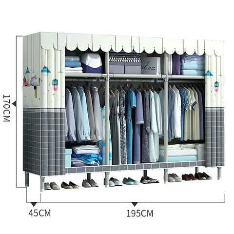 Kick Clutter To The Curb With This Spacious Metal Wardrobe Closet Featuring Three Heavy Duty Hanging Rods Three Secure Shelves Two Side Pockets And Completely Hassle Free Assembly, beige closet with clothes and shoes.