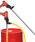 Big Iron 110V Electric Liquid Transfer Pump For Oil Diesel And Water With Stainless Steel Hose W 1980W Motor High Flow Rate Utility Workhorse Gets The Job Done mounted on a red barrel with yellow hose.