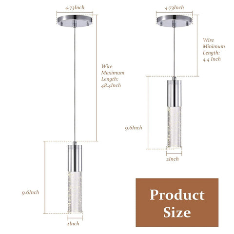 Dimensions of 2 Pack Integrated LED Pendant Lights With Bubble Glass And Chrome Finish, 3000K Warm Light, Dimmable, 8.5W 640 Lumens